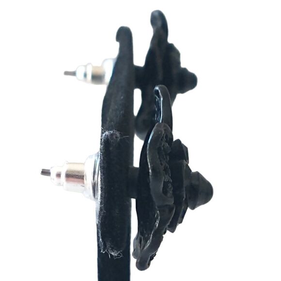 Black Flower Earrings Enamel Filigree Metal Rhinestones Lace Victorian Goth Vtg. - Picture 11 of 14